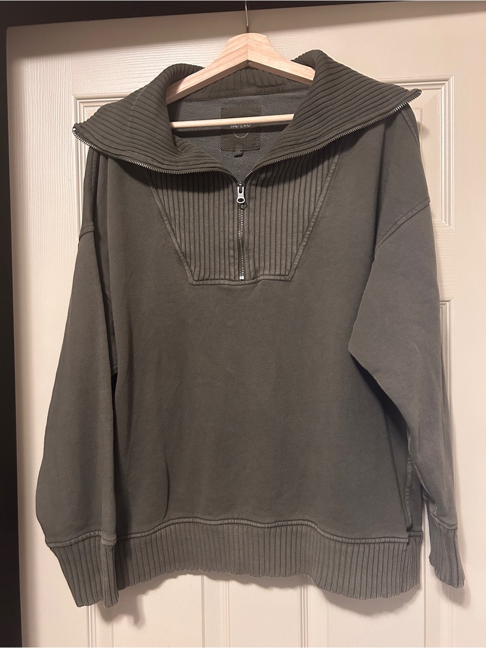 aerie Olive Green Half-Zip Ribbed Funnel Sweater